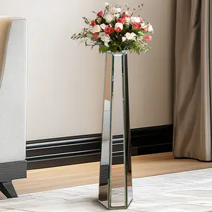 30” Tall Decorative Mirrored Glass Flower Floor Vase Silver Flower Vase for Holding Large Dried Flowers