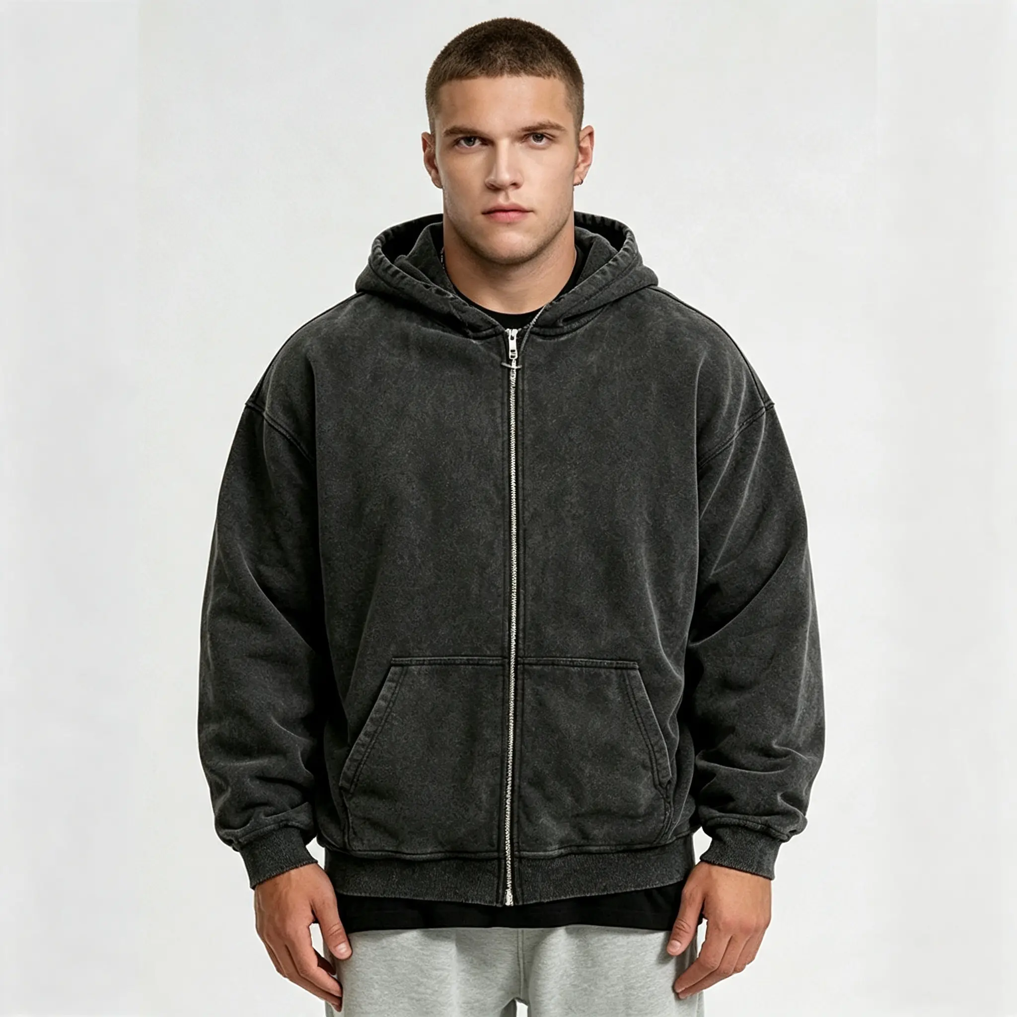Loose Fit Vintage Washed Zip Up Hoodie Acid Wash Hooded Jacket Casual Streetwear Sweatshirt For Women Men