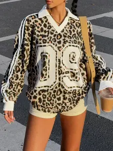 Women's Street Style Leopard Print Polo Neck Long Sleeve T-Shirt, Loose Fit V-Neck Sporty Plus Size Top, Casual Fashion Clothing