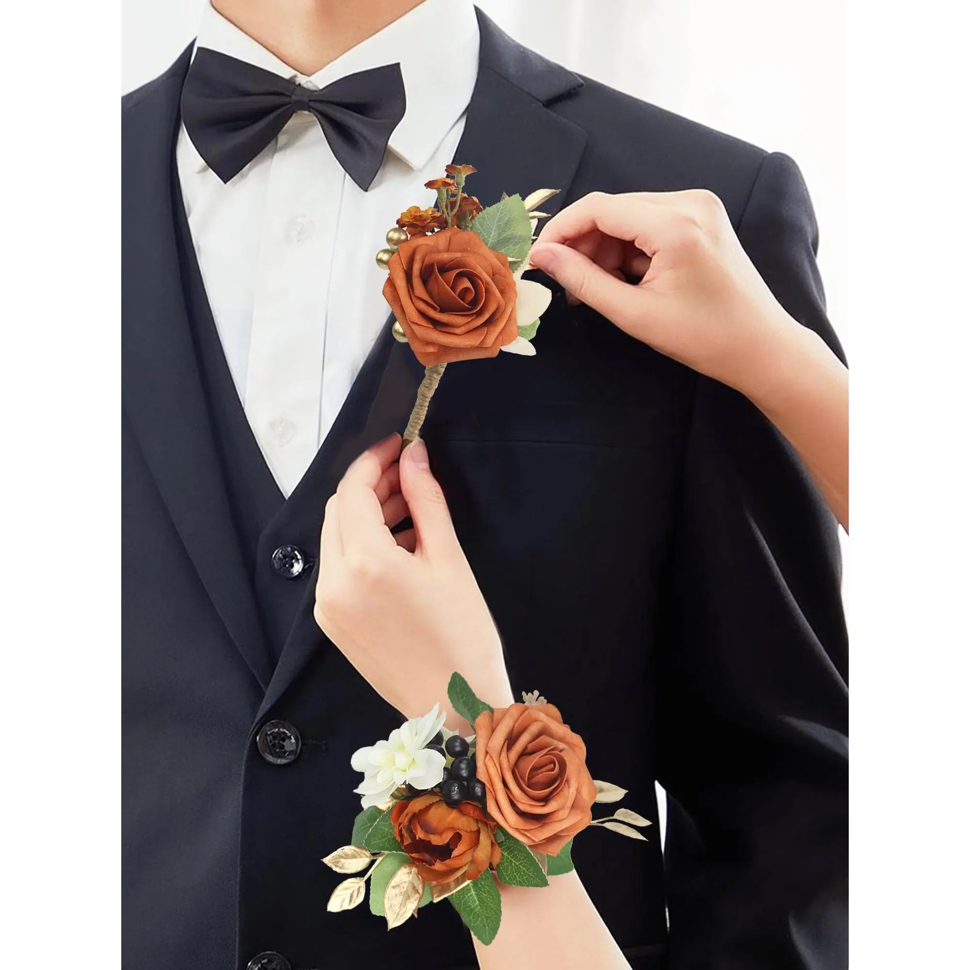 Rinlong Silk Flowers 2-Piece Corsage and Boutonniere Set, Compact Burnt Orange Wedding Supplies with Thoughtful Craft, Two Piece Set