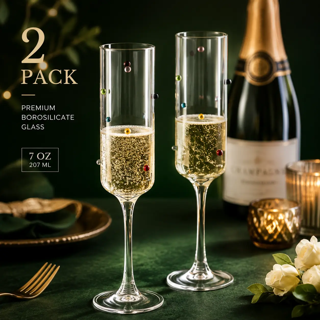 Set of 2 7oz Colored Beaded Champagne Flutes, Premium Lead-Free Borosilicate Glass, Crystal Clear Durable Mimosa Glasses, Dishwasher Safe Toasting Cups for Wedding, Bridal Shower, Bachelorette Party, Birthday, Anniversary, Gift for Her #Drinkware