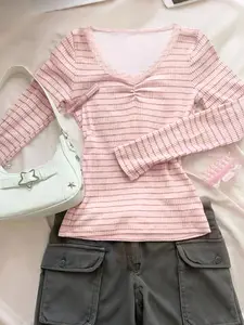 Women's Fashion Casual Elegant Cute Feminine Street Style Striped Lace Trim Long Sleeve T-Shirt, Spring & Fall Women's Clothing
