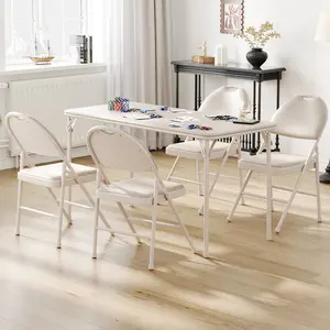 For Dining Room, Office, Camping Space-Saving 5-Piece Folding Dining Table and Chair Set - Portable PU Upholstered Card Table with 4 Padded Chairs - Heavy-Duty Metal Frame