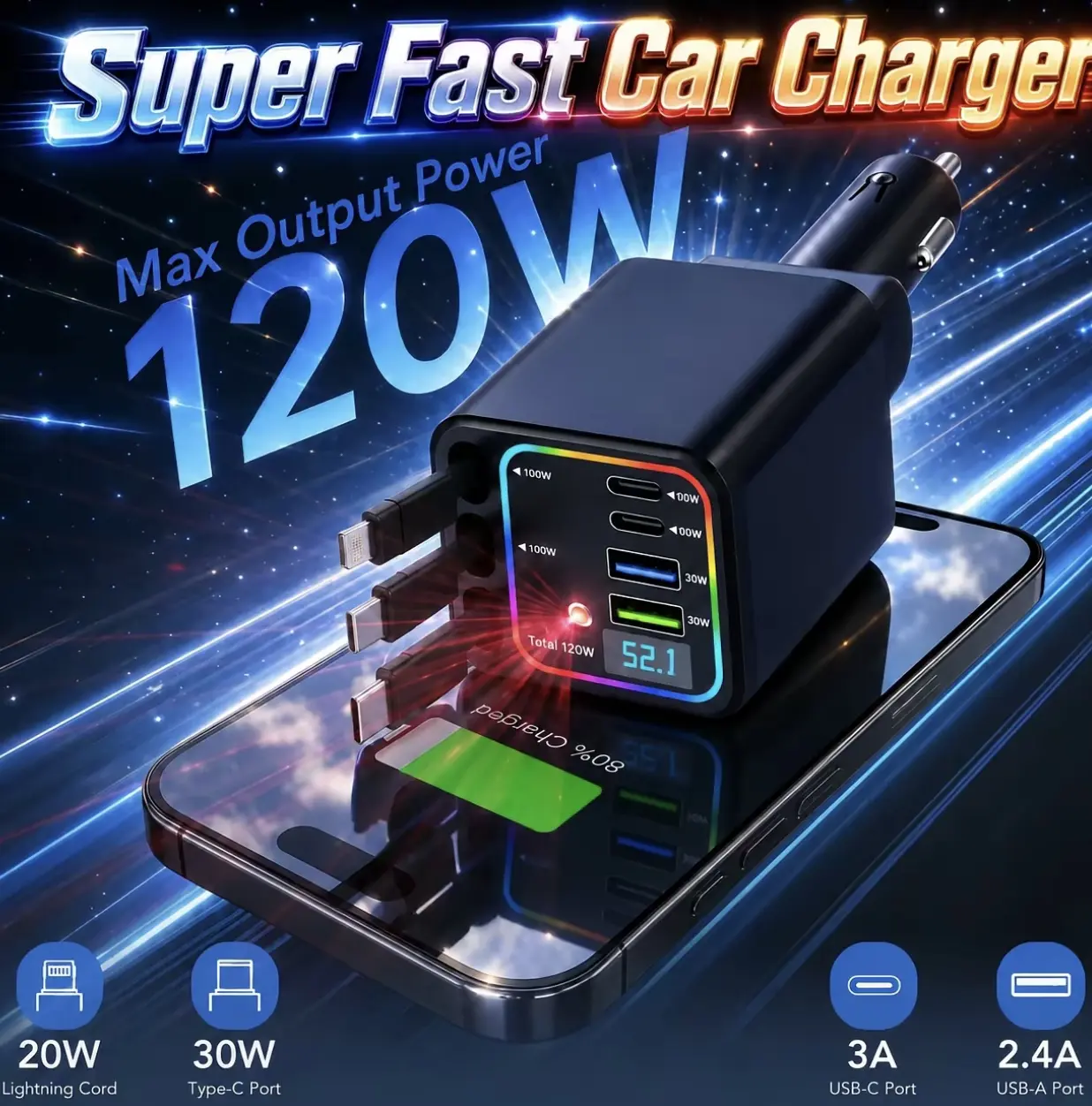 7-in-1 Retractable 120W Car Charger with Starry Sky Ambient LightAutomobiles and motorcycles / vehicle-mounted electronic equipment / electronic accessoriesAccessories Automotive Dual USB built-in starlight projector usb-c cable high-speed c adapter
