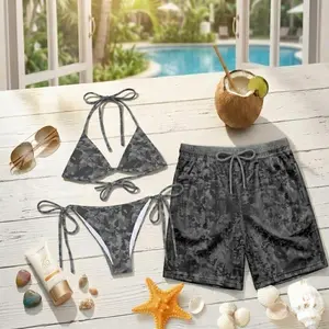 Summer 2026 Edgy Gray Camo Couple Matching Swim Set | Sexy Halter Bikini + Board Shorts | Viral TikTok Camouflage Trend