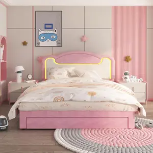Bed Frame with LED Lights, Upholstered Fabric Headboard, Sturdy Wood Slat Support, No Box Spring Needed, Perfect Bed Frame for Kids' Rooms Without Drawers