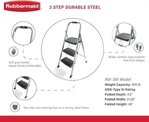 M-3W 3-Step Steel Step Ladder with Hand Grip, 200 lb Capacity, Silver - Amazon Exclusive