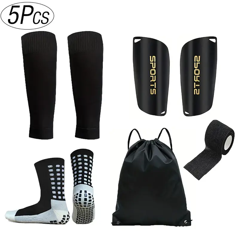 Sports 5 Piece Soccer Kit with Shin Guards, Grip Socks, Bandages and Carry Bag, Essential Training Equipment for Youth and Adult Players, Lightweight Protective Gear for Practice, Matches, Game Day Warm Ups and Daily Football Training Sessions