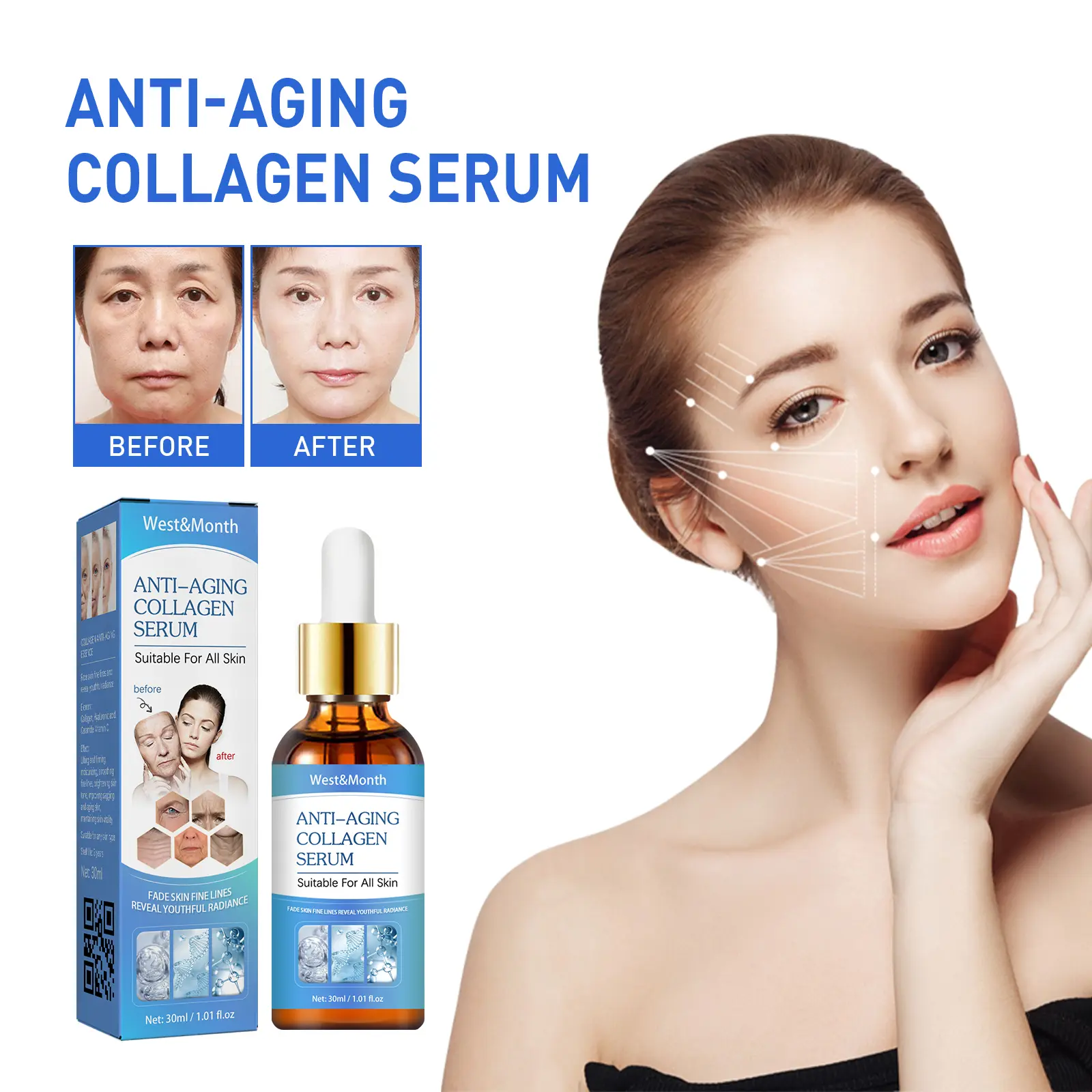 West&Month Collagen Facial Essence Serum with Hyaluronic Acid & Peptides - Anti-Wrinkle, Firms Skin, Moisturizing, Repairs Dull Skin, Lighten Complexion, Boosts Radiant Glow