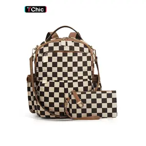 Womens Checkered Backpack Purse Set Fashion Work Travel Backpack Purse for Women Designer Ladies Anti-Theft Shoulder Bags with Wristlet Multipurpose for for Mother Girls Travel Gifts Everyday Use