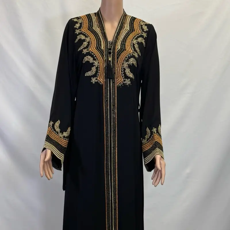 Black Zippered Abaya with Golden Embroidery Design & Rhinestones Elegant Women's Fashion Dress