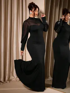 Cravure Christmas Plus Size Women's Fitted Knit Dress – Elegant Vertical Striped Semi-Sheer Sleeve Party Dress