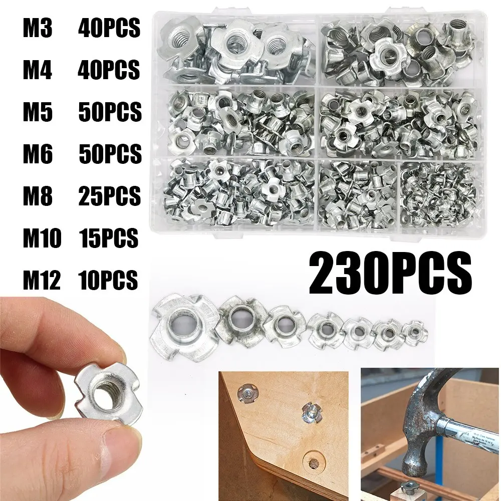230pcs Galvanized Carbon Steel T-Bolts, Woodworking Furniture Special Four-Prong T-Bolts (m3/m4/m5/m6/m8/m10/m12), Hardware Essentials, Nuts And Bolts