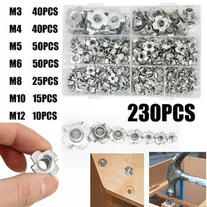 230pcs Galvanized Carbon Steel T-Bolts, Woodworking Furniture Special Four-Prong T-Bolts (m3/m4/m5/m6/m8/m10/m12), Hardware Essentials