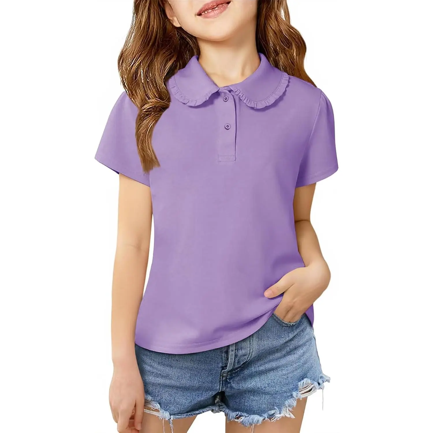 Girls Ruffle Peter Pan Collar Polo Shirt Kids School Uniform Tops Short Sleeve Tshirts