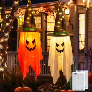 Halloween Lights Battery Operated, 2PC Large Hanging Witch Hats Lights, Total 40 LED Light up Witch Hat, Glowing Ghost Witch Hat Lights, Halloween Outdoor Decoration for Tree Indoor, Warm White