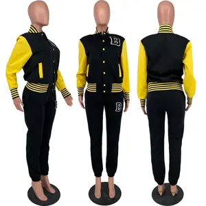 Casual Letter Baseball Jacket And Pants Two Piece Set