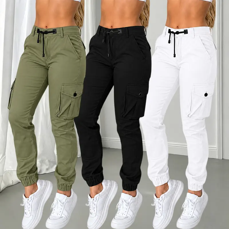 3PCS Women’s High-Waist Cargo Jogger Pants – tapered-cuff cargo pants with pockets, drawstring elastic waistband, casual summer streetwear lightweight utility pants