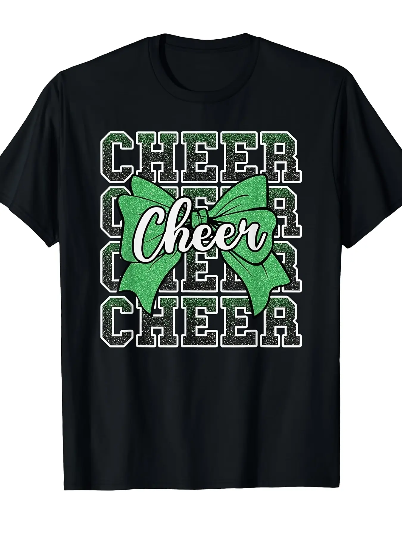 Stylish Green T-Shirt for Cheerleaders Featuring a Coquette Cheer Bow Design.This Comfortable Tee Has a Round Neck And Short Sleeves, Suitable for Both Men And Women, Reflecting The Latest Street Trends