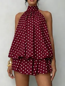 Polka Dot Vacation Bodycon Sexy Backless Belted Puffy Short Skirt, Summer Fashion, Women's Casual Wear, Perfect for Beach Vacations, Womenswear