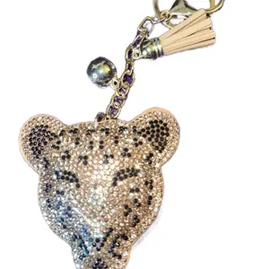 Brown Tiger Bag Charm or Keychain with Sparkling Rhinestones and Tassel Accents for Stylish Accessories