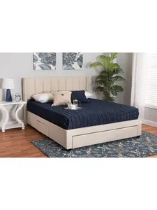 212 MAIN Upholstered Tufted Coronado Mid-Century Modern & Transitional Beige Fabric Full-Size 3-Drawer Storage Platform Bed, 57.1x83.3x42.7 in, Upholstered Bed, Tufted Beds