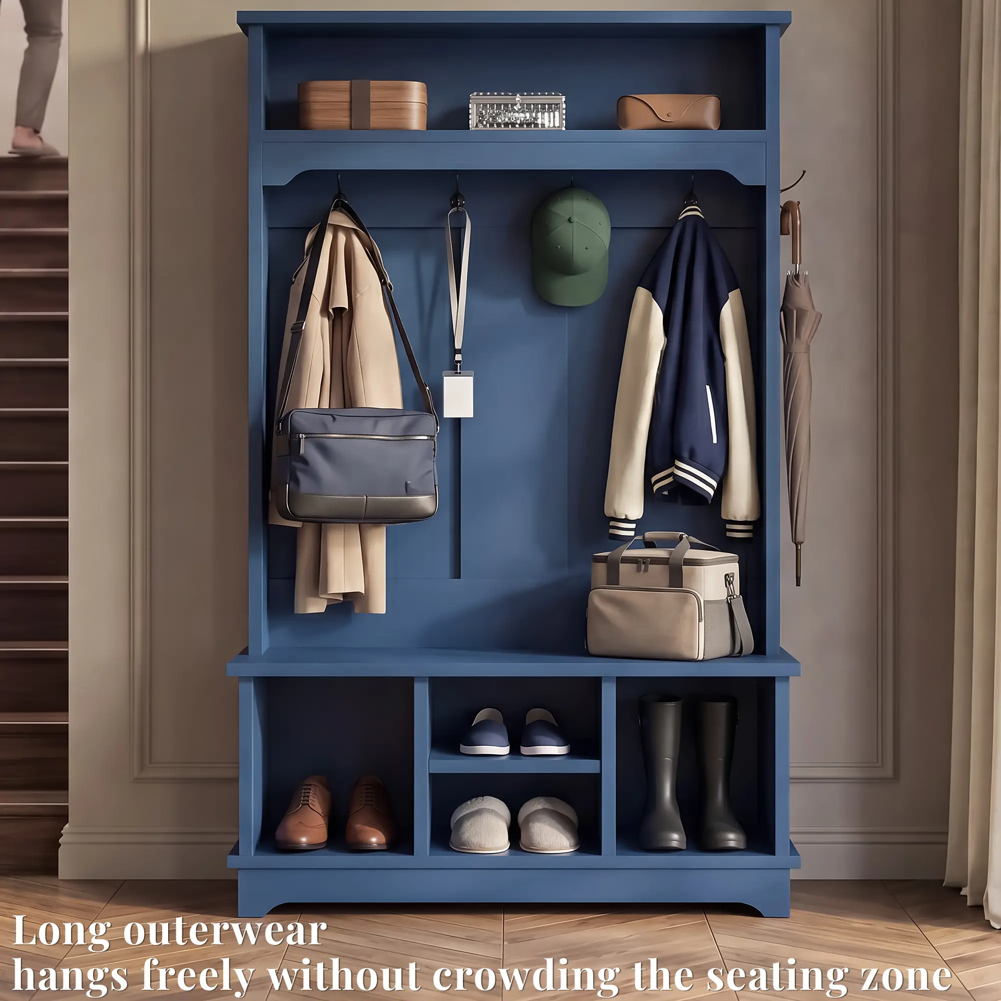 OMCHOM 6-in-1 Freestanding Wood Hall Tree - Modern Furniture Entryway Organizer with Bench, Shoe Storage for Shoe Organization, Adjustable Shelf, Multiple Hanging Hooks, 2-Tier Top Shelf, Multi-Zone Design (Sturdy, Easy Setup Required, Blue, Indoor Use)