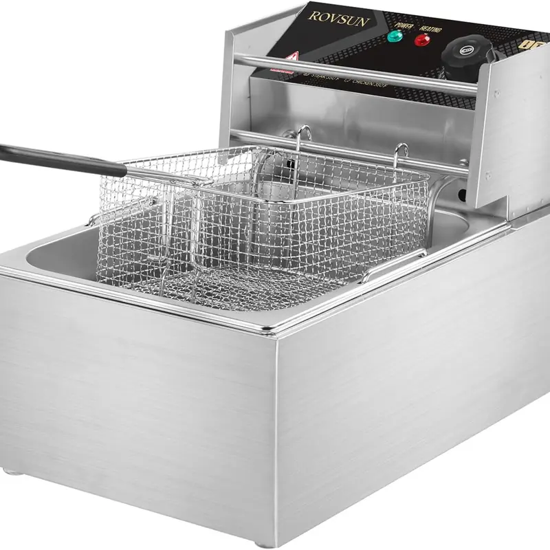 ROVSUN 11.4QT/10.8L Countertop Stainless Steel Electric Deep Fryer with Basket, 2500W Fast Heat, 60Hz 110V Plug, Heat-Safe Handle, Temperature-Adjustable Lid, 17.3"L x 11"W x 12.2"H, 8.6lbs Kitchen Appliance for French Fries, Donuts