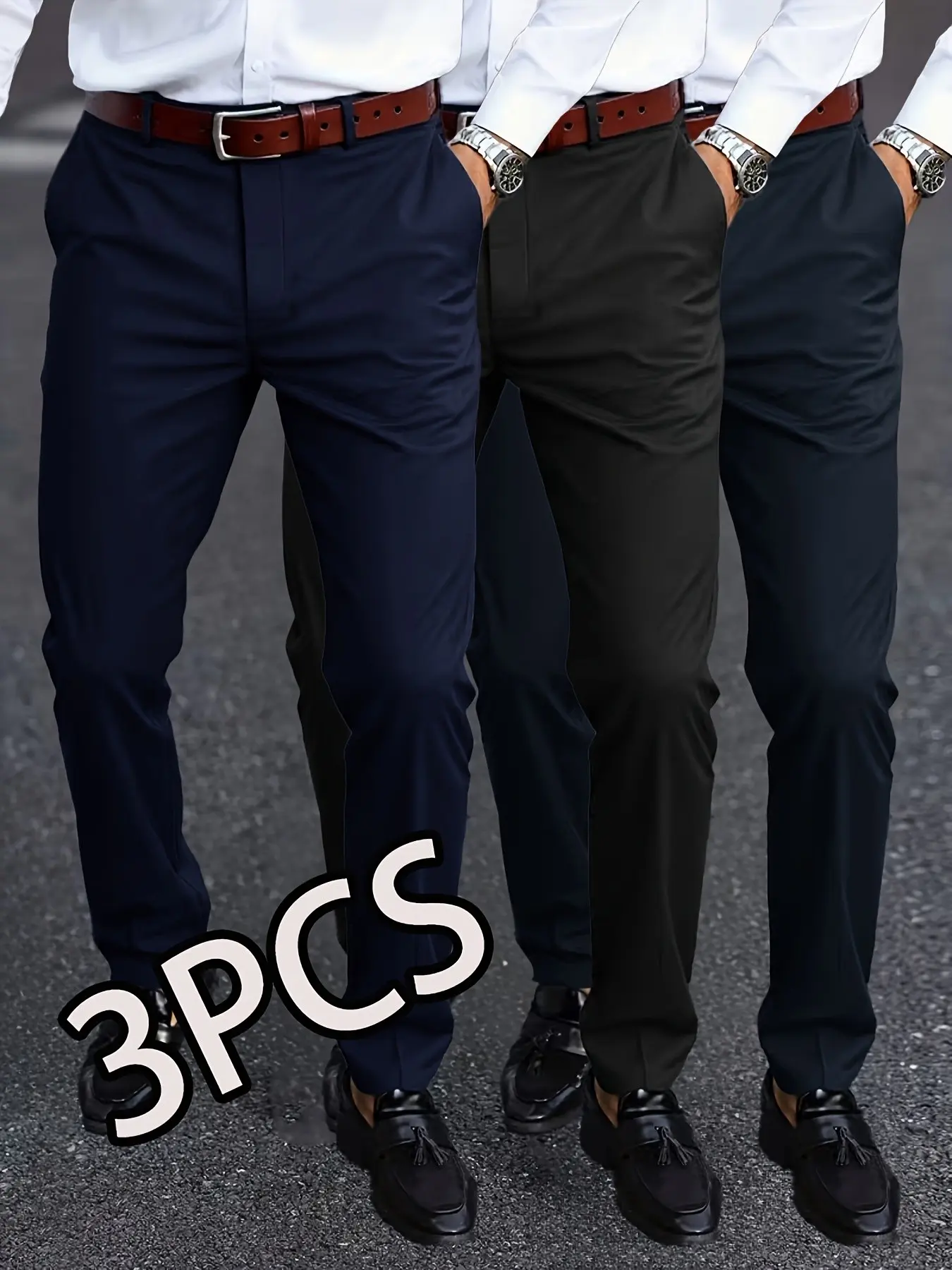 3-Pack Men's Casual Loose Straight Leg Stretch Dress Pants, Suit Pants,  Wrinkle-Free Comfortable Trousers, Ideal for Work and Weekend Wear - TikTok  Shop