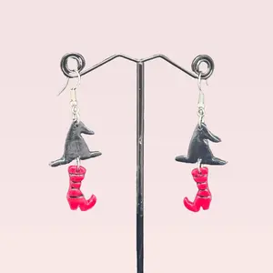 Wicked Witch Boots Earrings with Red Heels and Silver Witch Hats Halloween Accessory