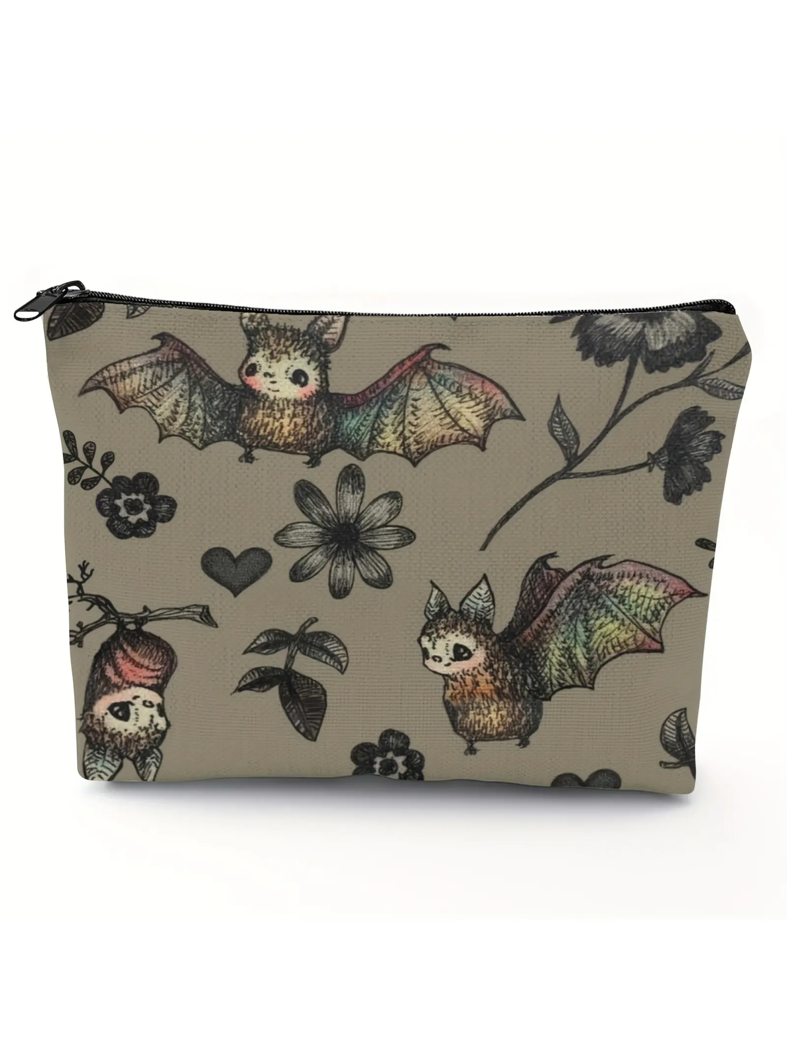 1PC Cartoon Bat & Sunflower Print Zipper Cosmetic Makeup Bag, Cosmetic Travel Bags, Cosmetics Organizer, Lightweight Portable Travel Toiletry Organizer Pouch for Women Girls, Foldable Storage Pouch, Gift for Halloween, Birthday