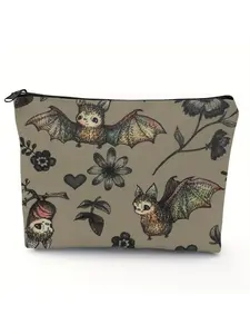 1PC Cartoon Bat & Sunflower Print Zipper Cosmetic Makeup Bag, Cosmetics Organizer, Vanity Makeup Organizer, Lightweight Portable Travel Toiletry Organizer Pouch for Women Girls, Foldable Storage Pouch, Perfect Gift for Halloween, Birthday, Friends & Fam