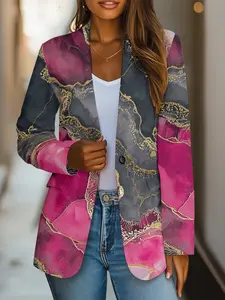 Women's Fashion Artistic Blazer Jacket, High-End Button Pocket Printed Long Sleeve Coat, Casual for Daily Wear & Parties