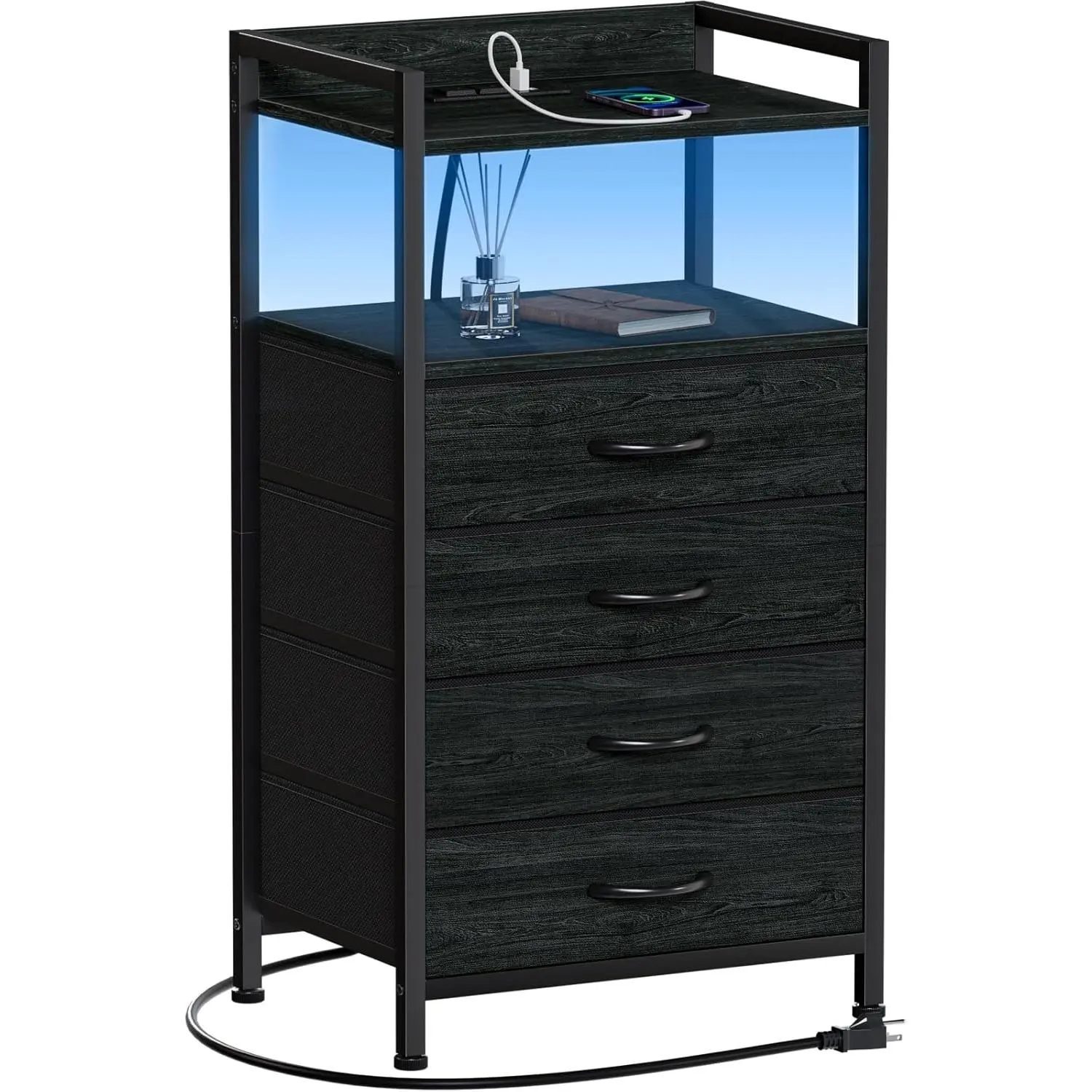 Black Metal 4-Drawer Tall Night Stand - Bedroom Bedside Furniture with Built-in Power Outlets, 2 USB Ports, LED Lights, RGB Lighting, Fabric Storage Bins, Anti-Toppling Device, Durable, Easy Assembly Required