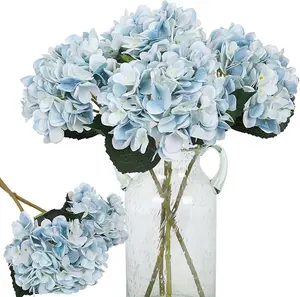 Blue Hydrangea Artificial Flowers 6Pcs Faux Hydrangea Flowers, Fake Flowers for Table Centerpiece, Blue Silk Hydrangea Flowers with Stems for Home Wedding Party Decor