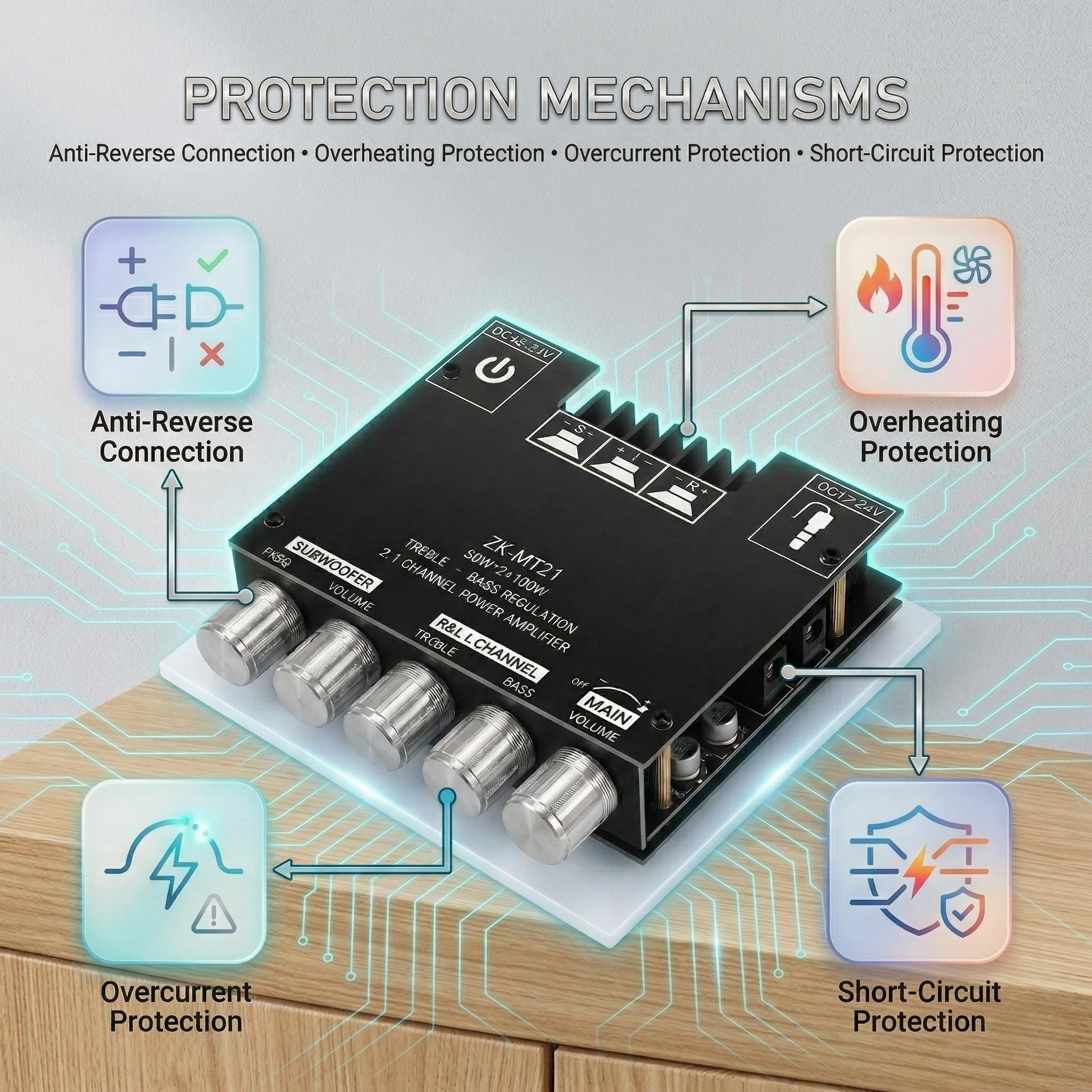 ZK-MT21 Bluetooth 5.0 Audio Amplifier Board 2.1 Channel 50W×2+100W Mini Subwoofer Power Amp HiFi Digital Audio Amp Module for Home Speakers 20-100W 4-8Ω DC 12-24V BT AUX Input