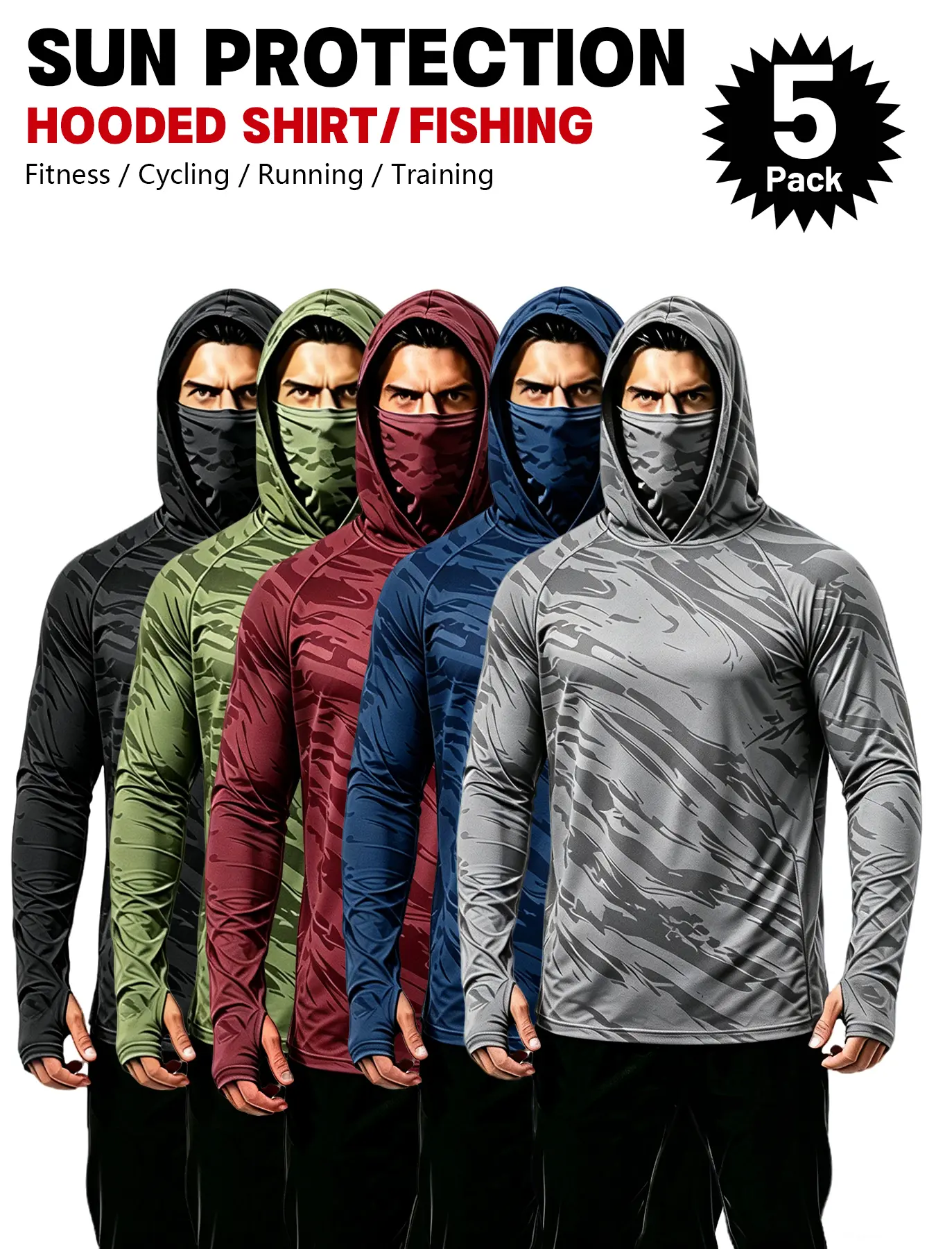 Mens 5 Pieces Camouflage Hooded Sun Shirts with Integrated Face Mask, Lightweight Quick Dry Long Sleeve Tops for Fishing Construction Gardening Hiking