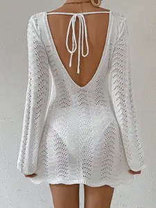Swim Women's Summer Beach Hollow Out Knitted Tie Backless Cover-Up Dress bathing suit