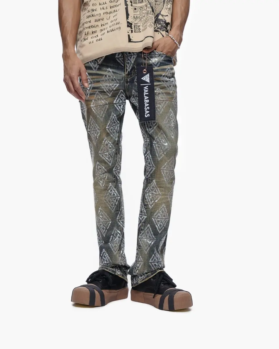 Women's Stacked Flare Jeans with Shimmer Diamond Print, Dark Blue Wash Stretch Denim, Signature 'V' Triangle Hardware, Style vlbs-vj3-1024, Fabric, Cotton, Bottom, Pants, Slim Fit Jeans, Spandex, Pocket, Soft, Glossy, Flared Pants, Tonal, Geometric, Stack