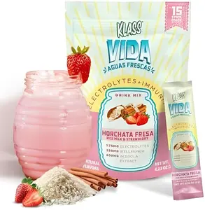 Klass Vida Hydration + Immunity Electrolyte Drink Mix Strawberry Horchata Agua Fresca Sugar-Free Powder with Wellmune Acerola Coconut Water Minerals 15 Single-Serve Stick Packs Healthcare