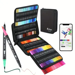 120 color coded double pointed brushes, fine and brush tip pens, coloring markers, coloring books, bullet diaries, notes, and planner handwriting.