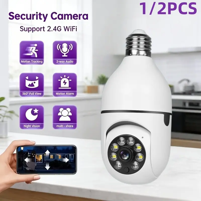 1/2Pcs 2.5K HD Bulb Security Camera, 2.4GHz Wi-Fi Connection, Smart Motion Detection, 355° Wide-Angle Surveillance, Two-Way Audio, Supports SD Card/Cloud Storage, Home Security Camera.