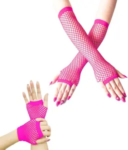 2 Pairs Fishnet Gloves Women's Mesh Fingerless Gloves for 80s Costume Theme Party, Hot Pink, Long&Short