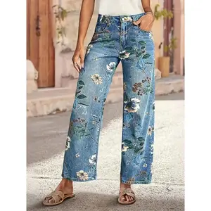 Women’s Plus-Size Stretch Retro High-Waist Tummy-Revealing Denim Pants with Bright Floral Print – Casual Retro Street Pants, Machine Washable Denim, Side Pockets