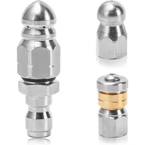 Sewer Jetter Nozzle Kit, 3-Pack Stainless Steel Jet Nozzles with Rotating, Button Nose, and Fixed Models, 1/4" Quick Connect, Up to 5000 PSI for Pressure Washer Drain Cleaning