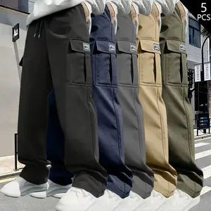 Men’s casual solid-color athletic pants — casual cargo pants with multiple flap pockets, a drawstring waist, polyester fabric, outdoor work pants, running pants with pockets — 100% polyester, non-stretch solid color, regular fit suitable for all seasons.