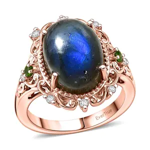 Labradorite, Natural Chrome Diopside, White Zircon Solitaire Ring in 18K Rose Gold Plated 6.36 ctw Size 8.0