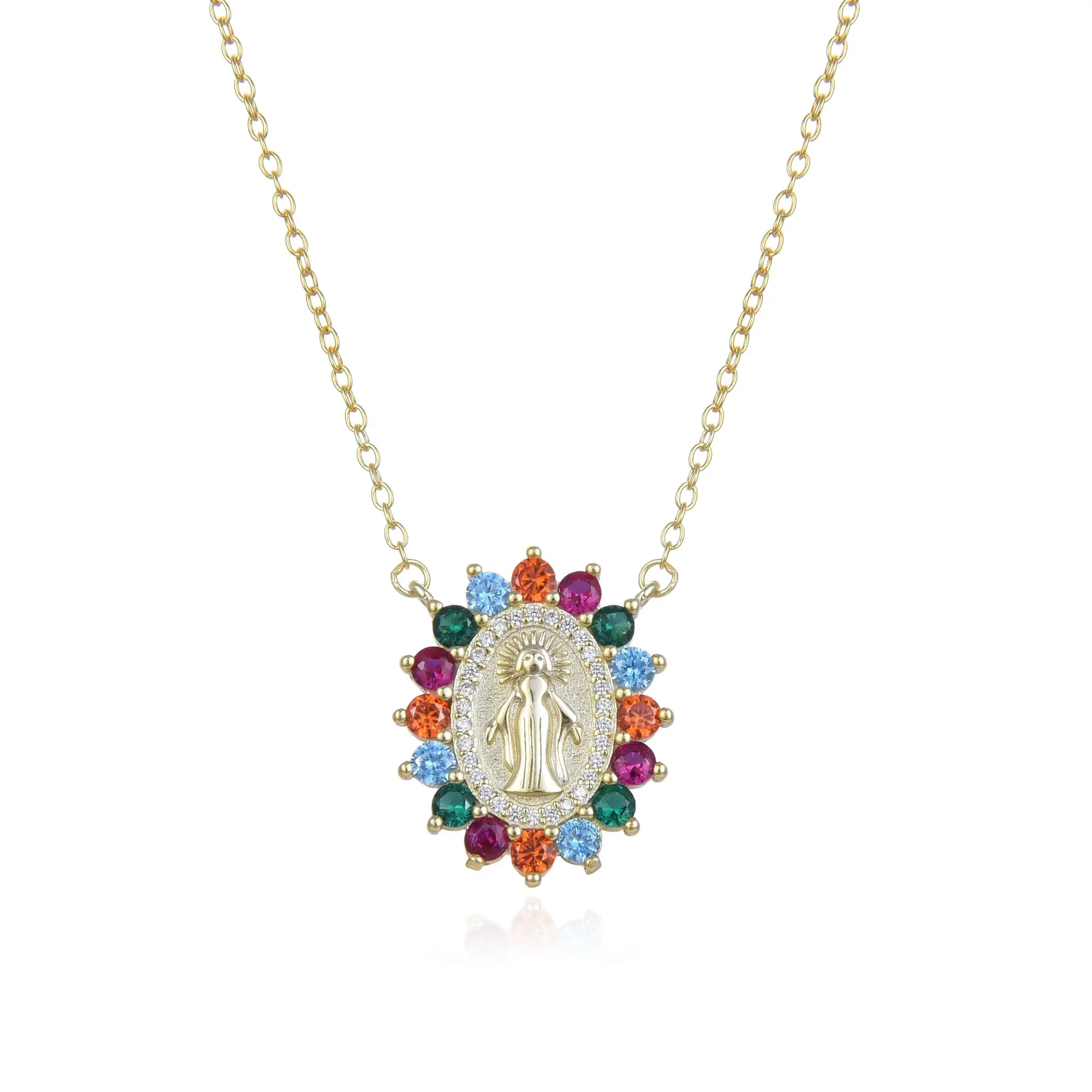 Women's Virgin Mary Pendant Necklace in 14-Karat Gold Plated Sterling Silver, Classic CZ Coin Medallion with an Adjustable 14-16.5 Inch Chain, 14" Length, 14 Inches