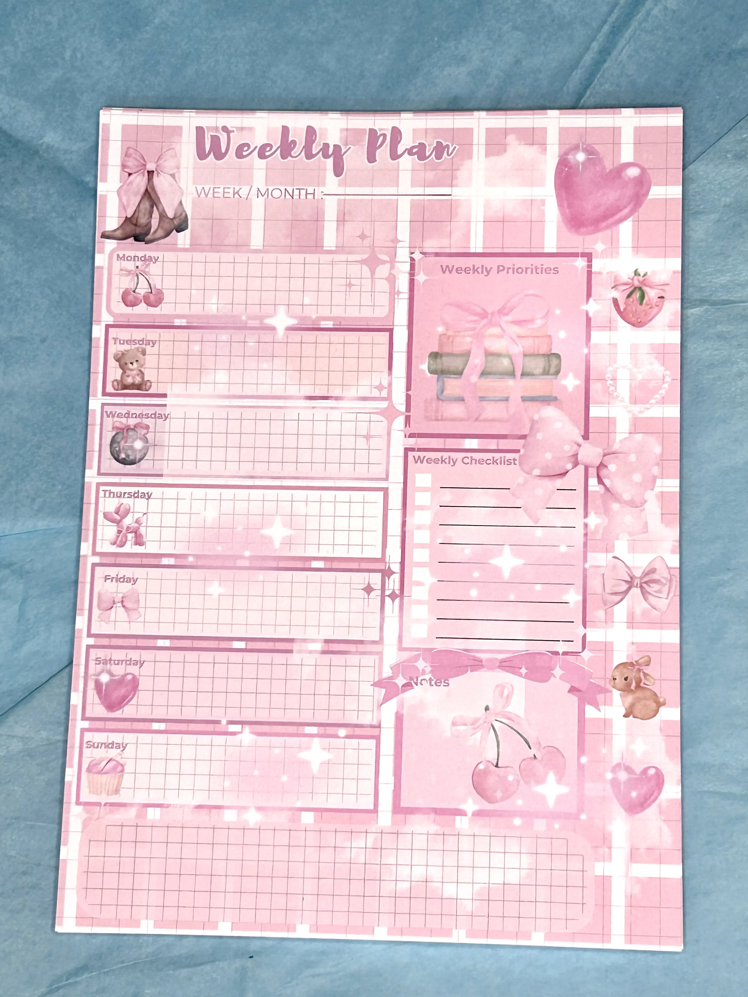 Coquette themed Weekly Planner Notepad 6.5x8.5 Perfectly Pink with Heart & Bow Designs for Weekly Planning