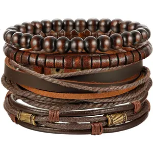 YADOCA 4Pcs Braided Leather Bracelet for Women Mens Cuff Bead Bracelet Set Adjustable Black And Brown